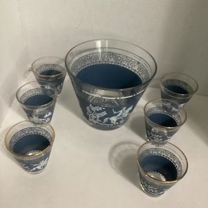 Mid-Century Arabian Knight Jasperware Glass Ice Bucket and Six Tumblers